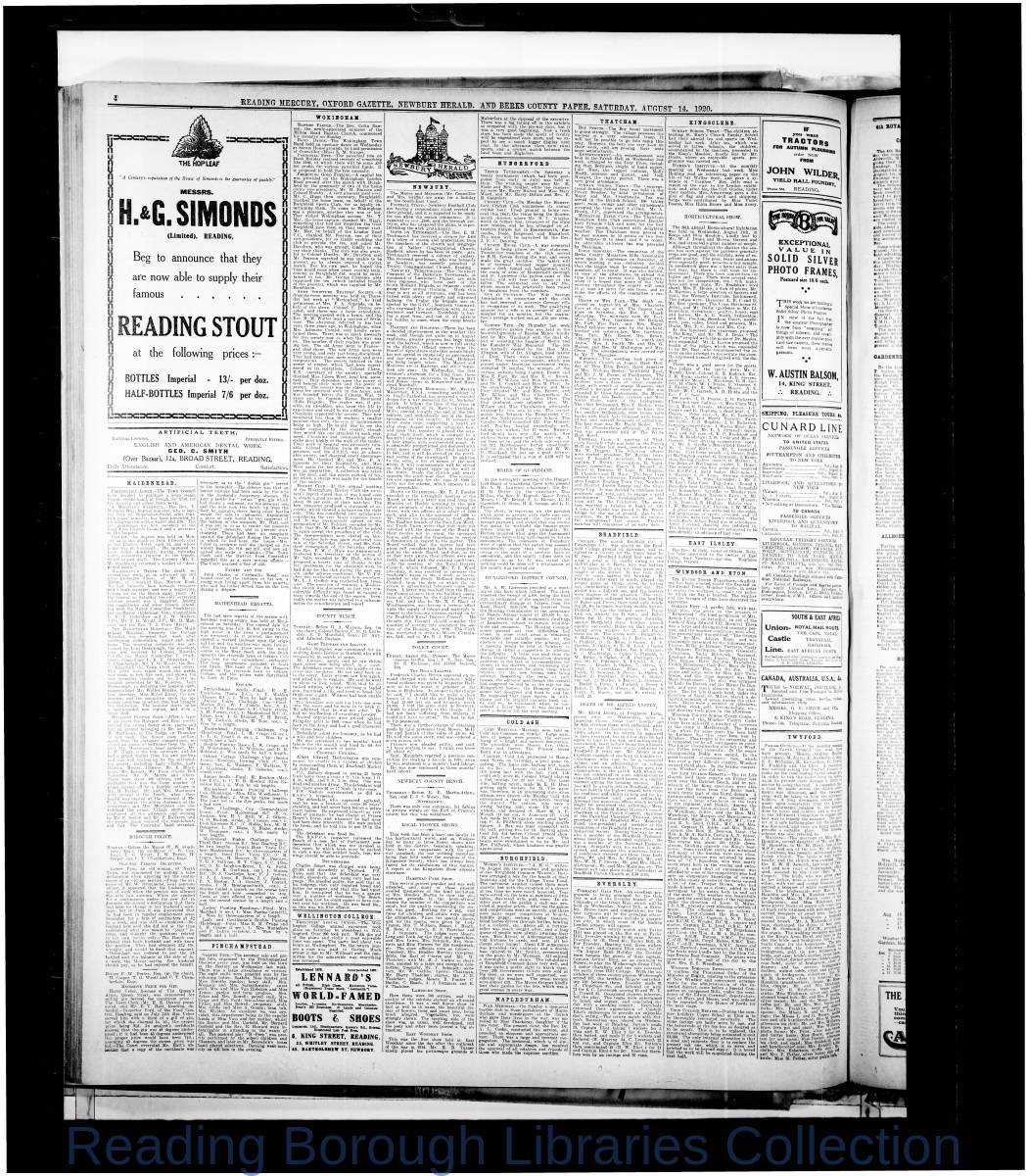 Reading Mercury Oxford Gazette Saturday, August 14, 1920. Pg 4 Reading Mercury Oxford Gazette Saturday, August 14, 1920. Pg 4
