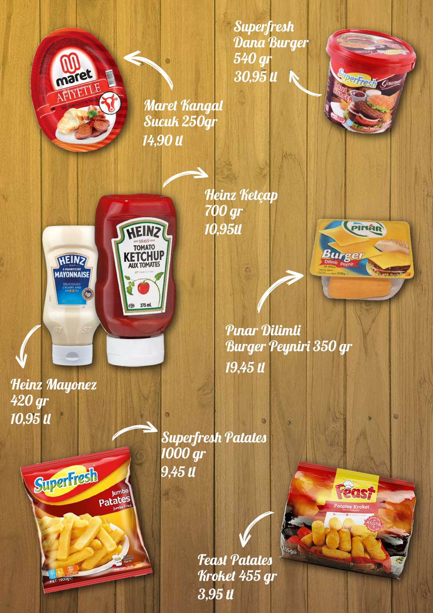 superfresh dana burger 540 g 30,95 mare maret kangal sucuh 250gr 14,90 l heinz ketçap 700 gr 10,95l pinar heinz an 1869 tomato hein ketchup burger dilimli peynir aux tomates 26 diinm magnificent mayonnaise deliciously creamy and 375ml punar dilimli burger peyniri 350 gr 19,45 u heinz mayonez 420 gr 10,95 u superfreah patates 1000 gr 9,45 u super erfres jumbo patates reast patates kroket ge feast patates krohet 455 gr 3,95 u 10009