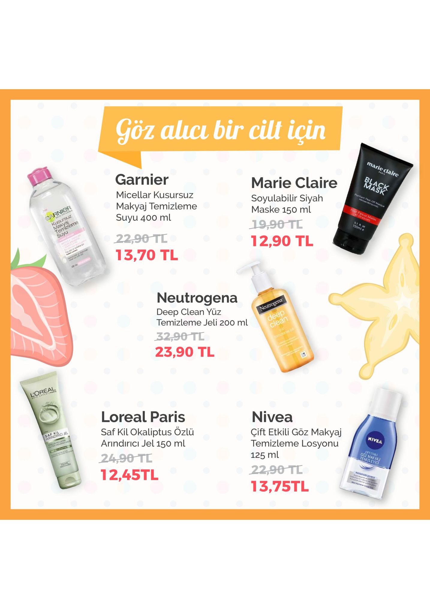 göz alci bir cill için mar eclaire marie claire soyulabilir siyah maske 15o ml mask garnier micellar kusursuz makyaj temizleme suyu 400 ml 150ml 12,90 tl 22,90 tl 13,70 tl neutrogena deep clean yüz temizleme jeli 200 ml 23,90 tl loreal paris saf kil okaliptus ozlü arındıricı jel 150 ml nivea çift etkili göz makyaj temizleme losyonu 125 ml nivea cftethii goz makya temizleyi 490 tl cevres 12,45tl 13,75tl