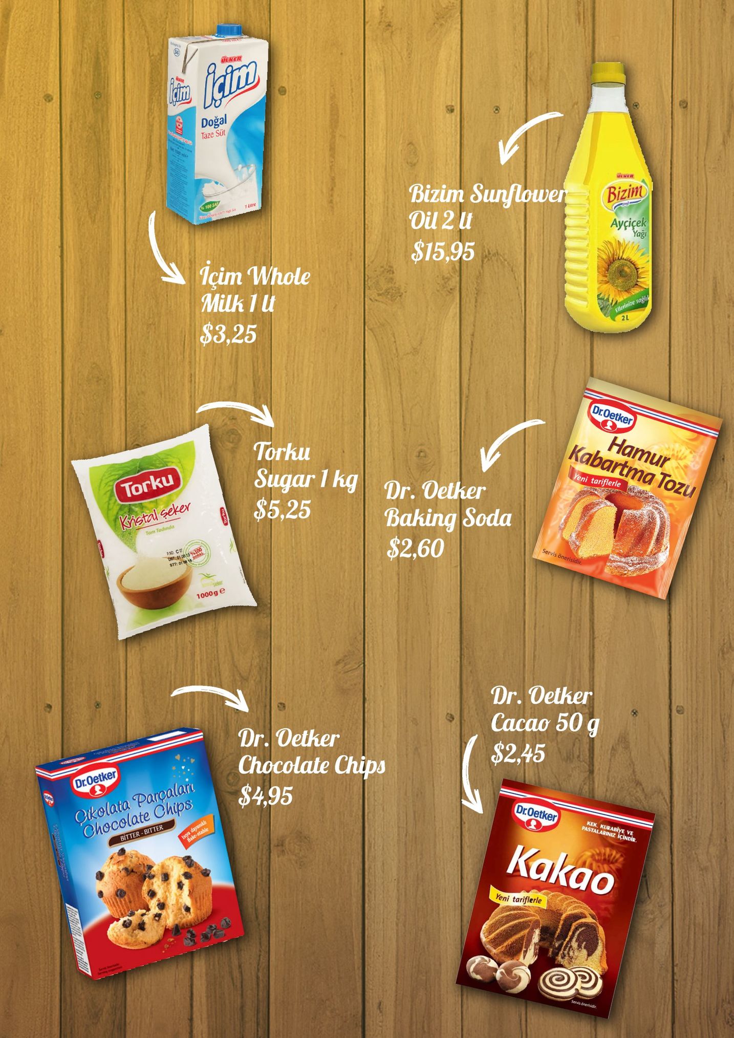 doğal taze süt bizim sunflower oil 2 it bizim ayçiçek agi $15,95 lçim whole milk 1 u $3,25 droetker torku sugar hg dr. dether hamur kabartma tozu ni tar torku $5,25baking soda 525$260 $2,60 1000g e dr. oether cacao 50 g $2,45 dr. oether chocolate chips $4.95 droetker droetker olata parcalar hece kek. kur hocolate chips bitter bitte kakao eni tariflerle
