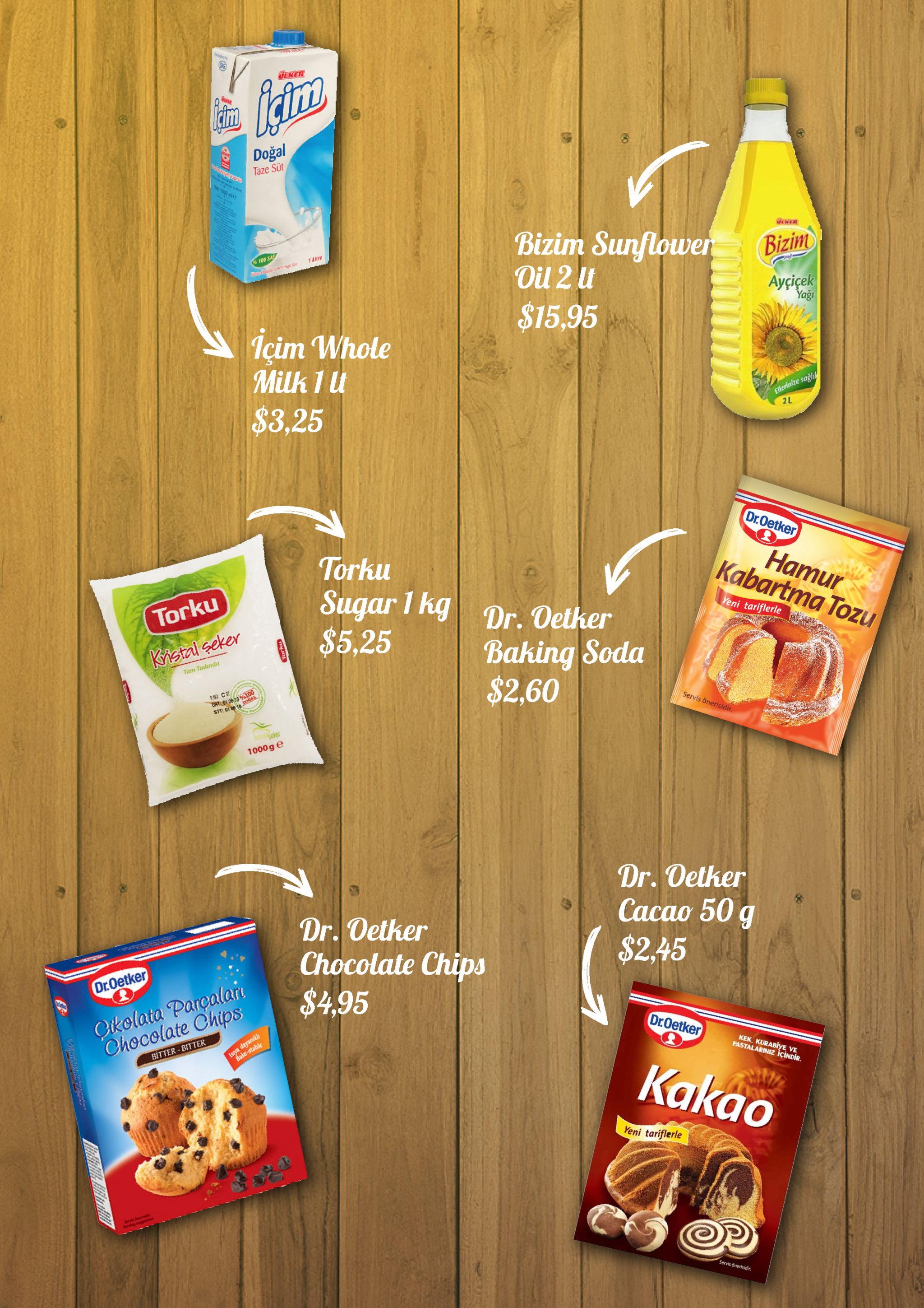 doğal taze süt bizim sunflower oil 2 it bizim ayçiçek agi $15,95 lçim whole milk 1 u $3,25 droetker torku sugar hg dr. dether hamur kabartma tozu ni tar torku $5,25baking soda 525$260 $2,60 1000g e dr. oether cacao 50 g $2,45 dr. oether chocolate chips $4.95 droetker droetker olata parcalar hece kek. kur hocolate chips bitter bitte kakao eni tariflerle 