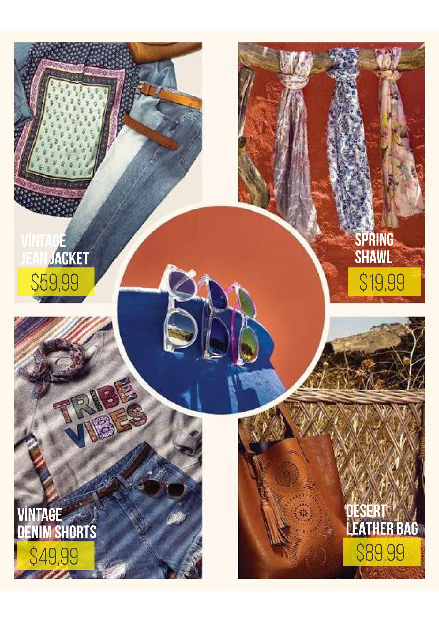 spring shawl acket $59,99 $19.99 vintage / denim shorts desert leather bag $49,99 $89,99
