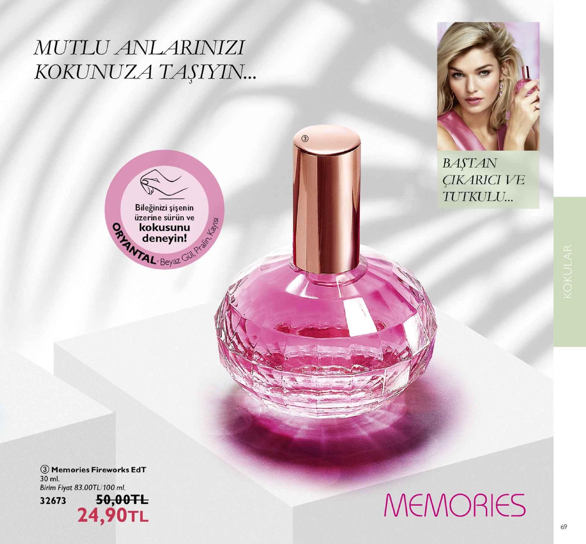 mutlu anlarinizi kokunuza tastyin.. bastan cikarici ve tutkulu... bileğinizi şişenin üzerine sürün ve o kokusunu deneyin! al bea ③ memories fireworks edt 30 ml. birim fiyat 83.00tl/100 ml. 50,00干し 24,90tl memories 32673 69 