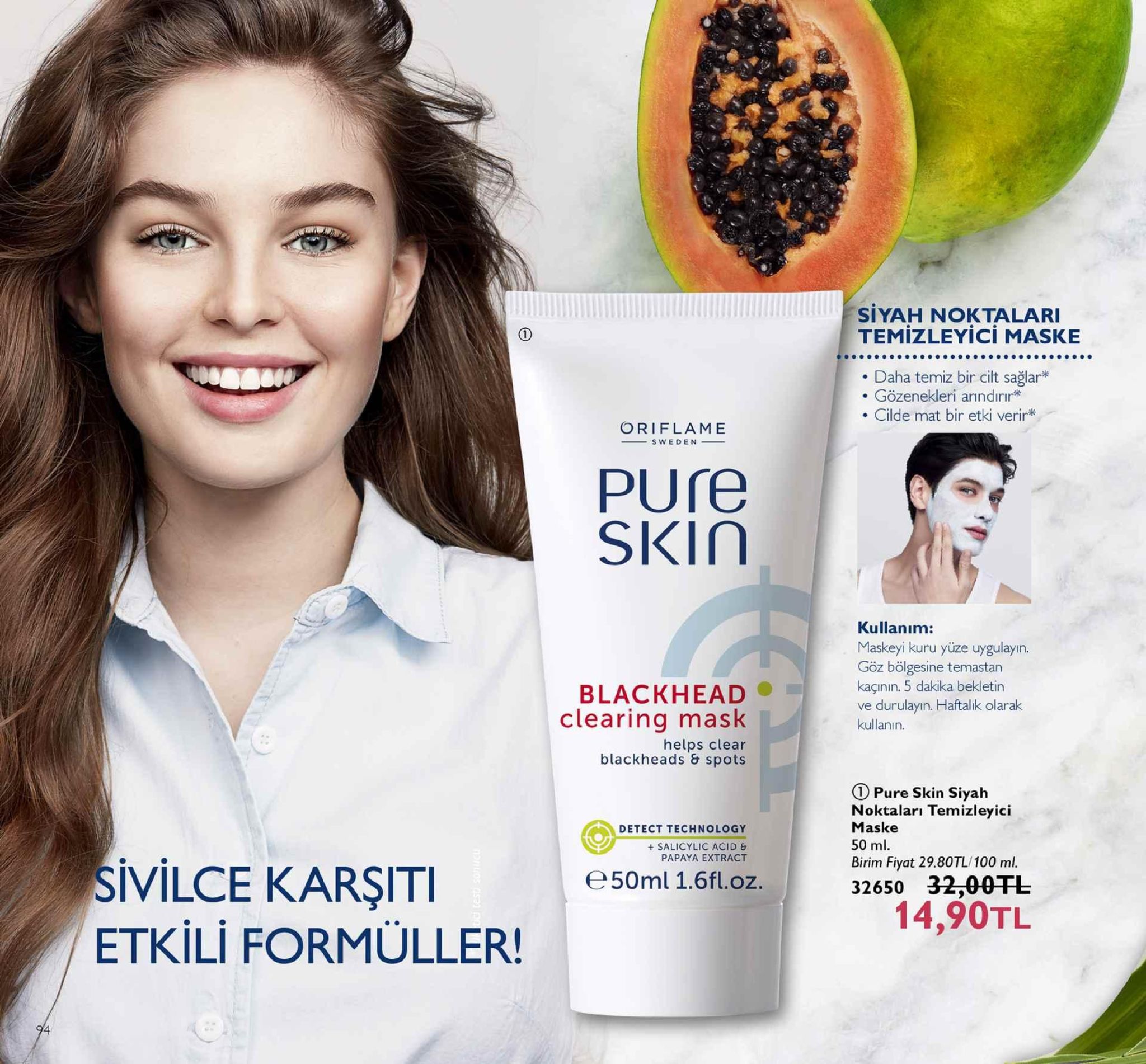 siyah noktalari temizleyici maske . daha temiz bir cilt sağlar gözenekleri anndirir* cilde mat bir etki verir* oriflame -sweden- pure skin kullanım: maskeyi kuru yüze uygulayın. göz bölgesine temastan kaçının. 5 dakika bekletin ve durulayın. haftalik olarak kullanın. blackhead· clearing mask helps clear blackheads & spots tpure skin siyah noktalari temizleyici maske 50 ml. birim fiyat 29.80tl/100 ml. detect technology ivilce karşiti i etkili formüller! +salicylic acid 8 papaya extract e50ml 1.6fl.oz 32650 32,00干し . 14,90tl 