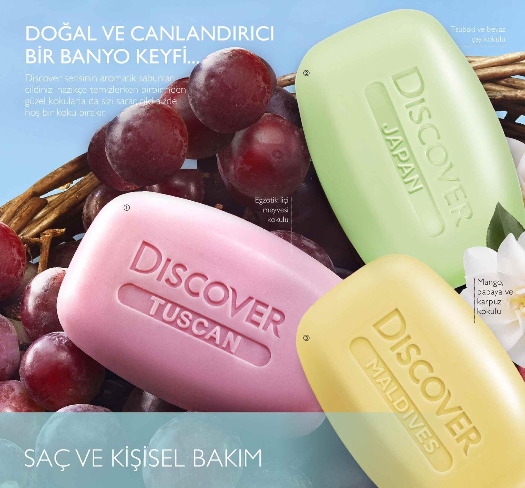 tsubaki ve beyaz çay kokulu doğal ve canlandirici bir banyo keyfi discover serisinin aromatik sabunl cildinizi nazikçe temizlerken birbirindern güzel kokularla da sizi sarar cldizde hoş bir koku birakır egzotik liçi meyvesi kokulu discover mango, papaya ve karpuz kokulu tuscan saç ve kişisel bakim 