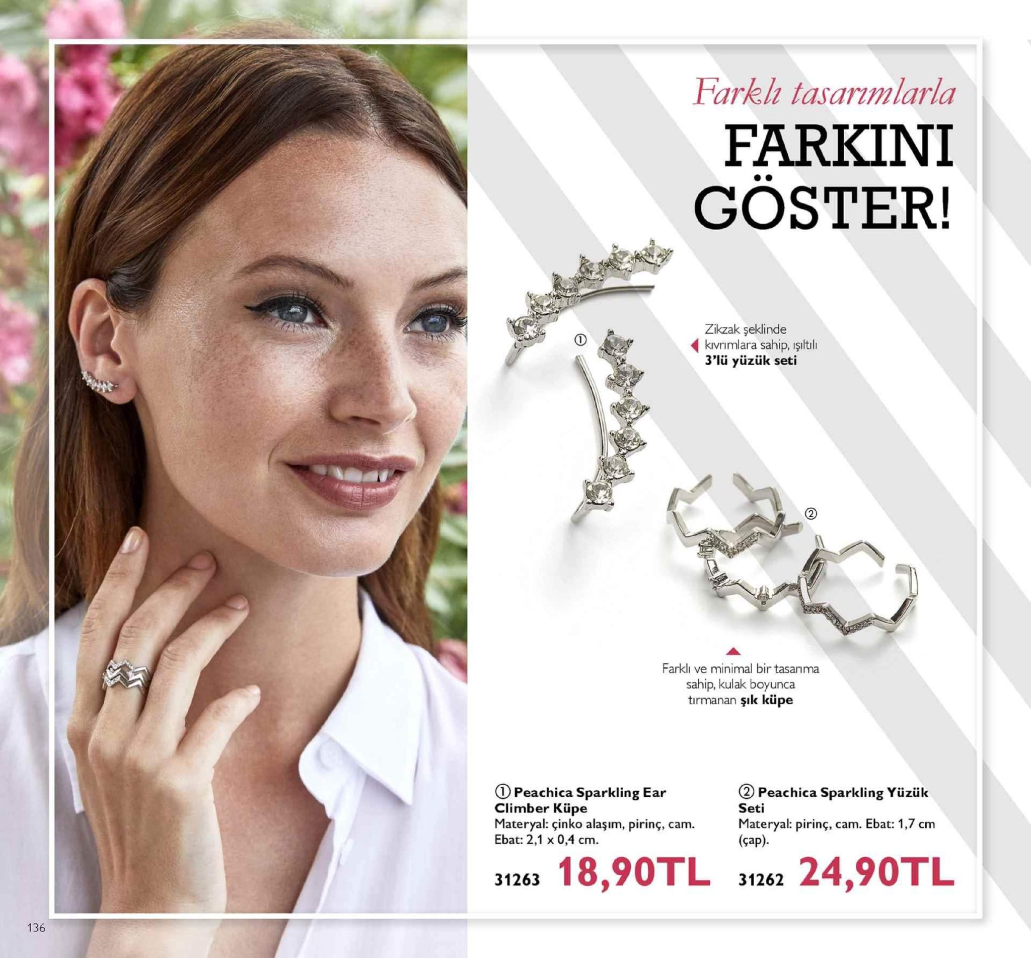 farklz tasarimlarla farkini göster! zikzak şeklinde kivrimlara sahip, işitli 3'lü yüzük seti farklı ve minimal bir tasanma sahip, kulak boyunca tirmanan şık küpe ① peachica sparkling ear climber küpe materyal: çinko alaşım, pirinç, cam. ebat: 2,1 x 0,4 cm. ② peachica sparkling yüzük seti materyal: pirinç, cam. ebat: 1,7 cm (çap) 31263 18,90tl s2 24,90tl 31262 17 136 