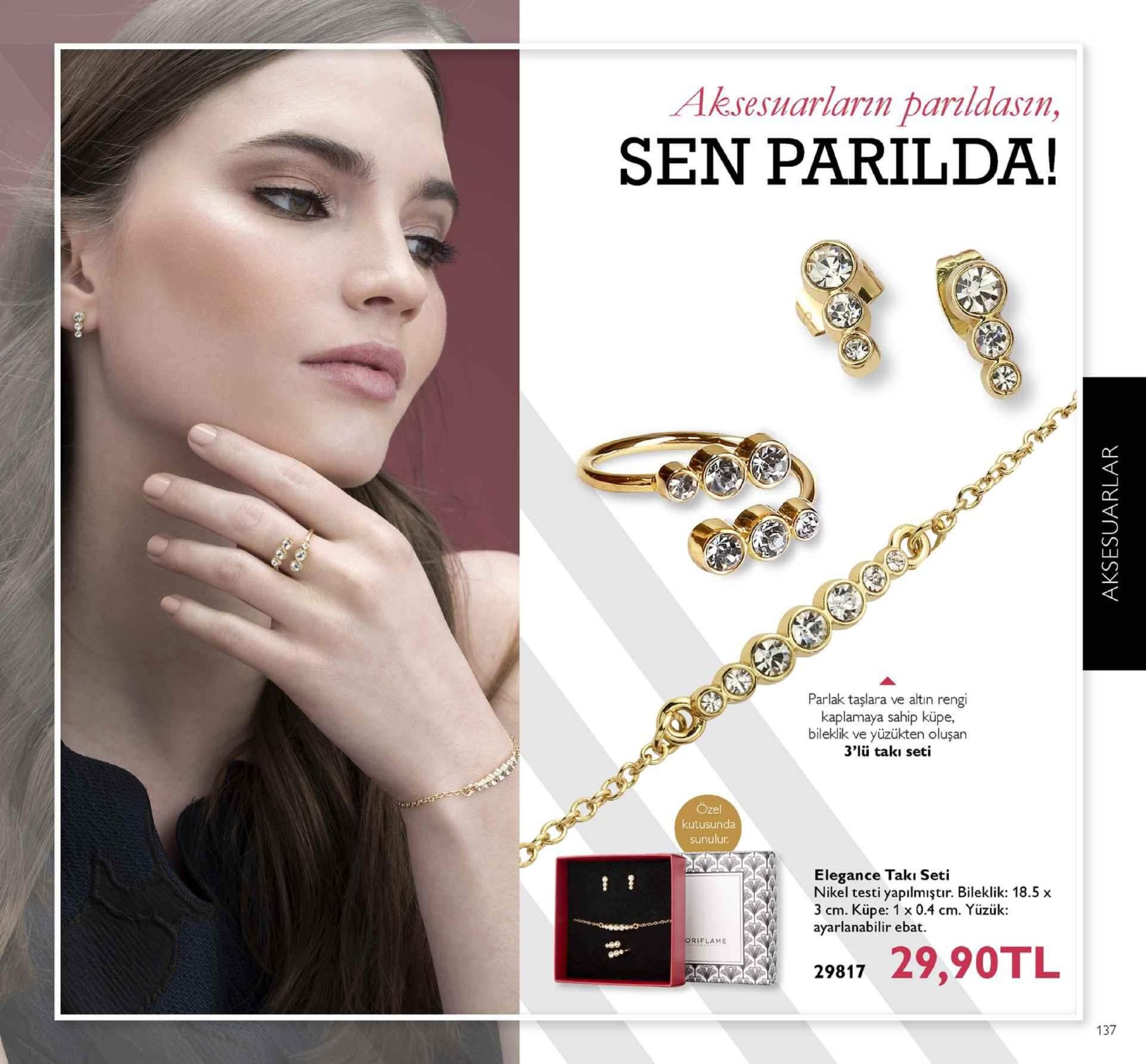aesesuarlarin daridaszn sen parilda! ki parlak taşlara ve altin rengi kaplamaya sahip küpe, bilekik ve yüzükten oluşan 3'lü takı seti özel kutusunda sunulur elegance taki seti nikel testi yapılmiştir. bileklik: 18.5 x 3 cm. küpe: 1 x 0.4 cm. yüzük: ayarlanabilir ebat. riflame 29817 29,9otl 137 