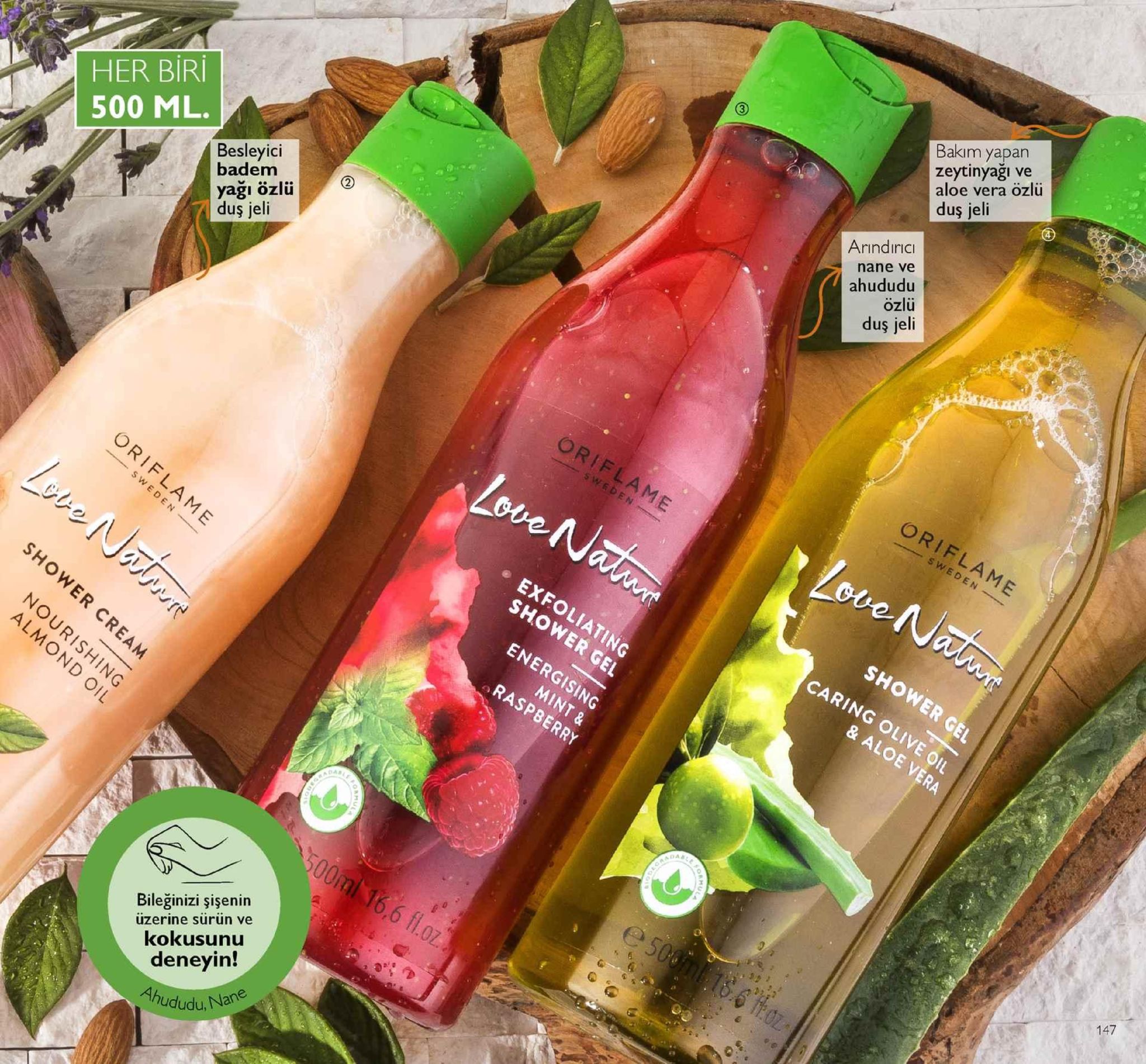 her biri 500 ml. bakim yapan zeytinyağı ve aloe vera özlü duş jeli besleyici badem yaği özlü duş jeli arındiric nane ve ahududu özlü duş jeli slo a atos bileğinizi şişenin üzerine sürün ve kokusunu deneyin! 4hududu. nan 147 