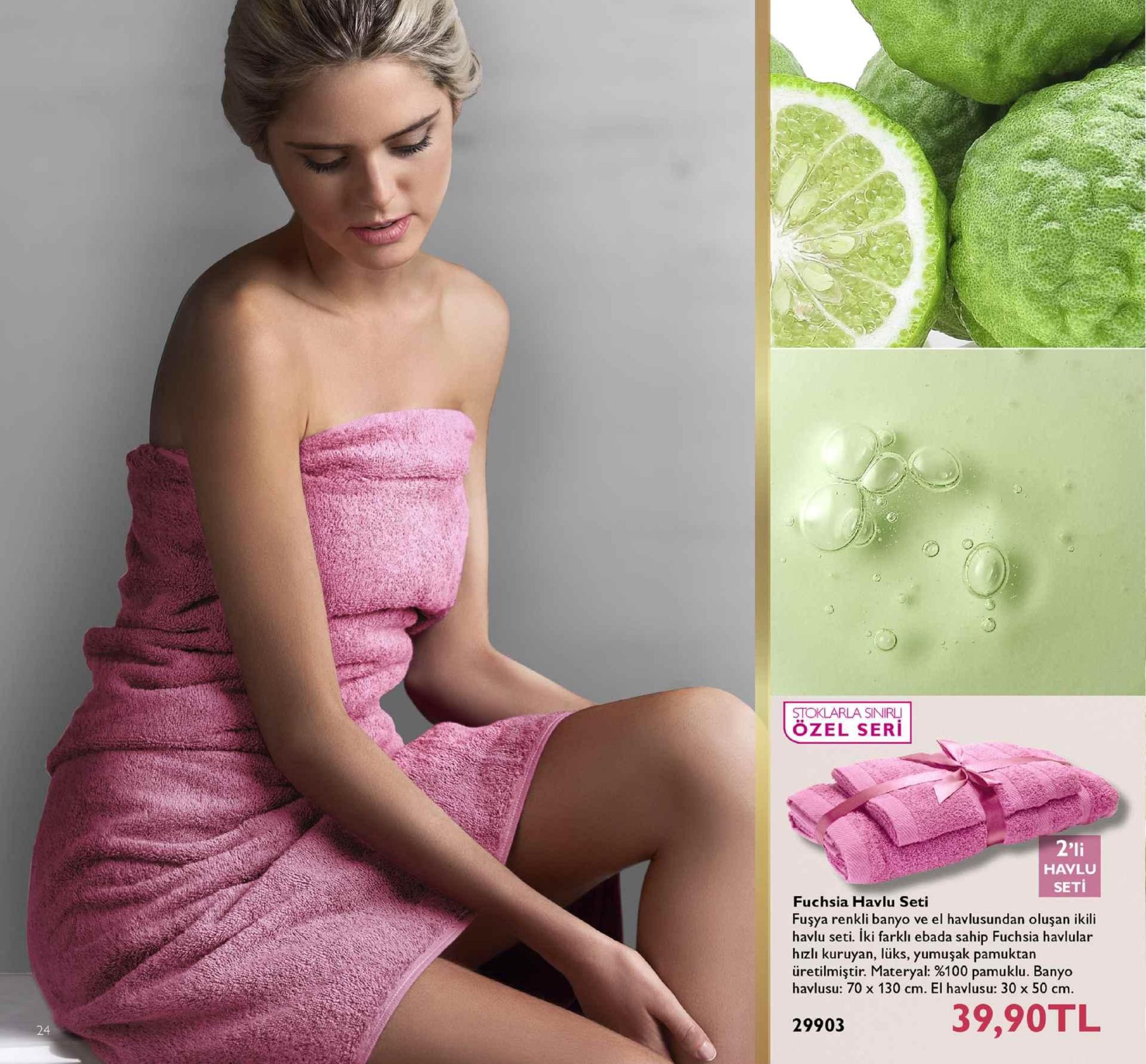 stoklarla sinirl ozel seri 2'li havlu seti fuchsia havlu seti fuşya renkli banyo ve el havlusundan oluşan ikili havlu seti. iki farklı ebada sahip fuchsia havlular hrzli kuruyan, lüks, yumuşak pamuktan üretilmiştir. materyal: %100 pamuklu. banyo havlusu: 70 x 130 cm. el havlusu: 30 x 50 cm. 39,90tl 24 29903 