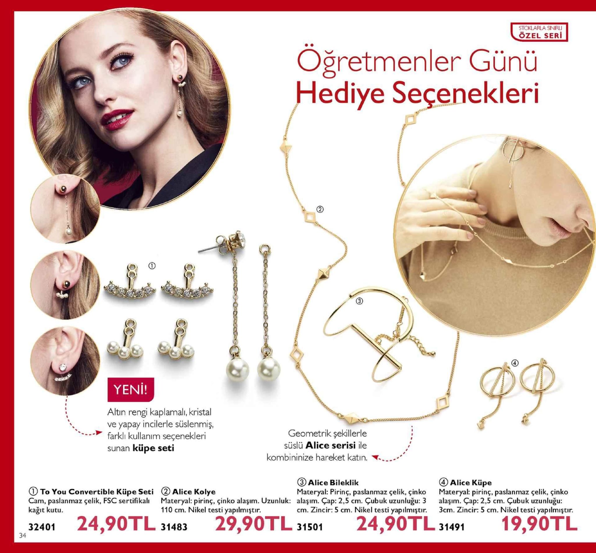 stoklarla sinirl özel seri ogretmenler gunu hediye seçenekleri 4 yeni altın rengi kaplamalı, kristal ve yapay incilerle suslenmiş ˋ geometrik şekillerle süslü alice serisi ile kombininize hareket katın. ㄧ-- , farklı kullanım seçenekleri sunan küpe seti ③alice bileklik materyal: pirinç, paslanmaz çelik, çinko 4 alice küpe to you convertible küpe seti 2 alice kolye cam, paslanmaz çelik, fsc sertifikalı materyal: pirinç, çinko alaşım. uzunluk: alaşım. çap: 2,5 cm. çubuk uzunluğu: 3 alaşım. çap: 2,5 cm. çubuk uzunluğu: kağıt kutu. materyal: pirinç, paslanmaz çelik, çinko 3cm. zincir: 5 cm. nikel testi yapilmiştır. 31491 110 cm. nikel testi yapılmiştin. cm. zincir: 5 cm. nikel testi yapilmiştir. 32401 24,90l 29,90tl 31501 24,90tl 19,90tl 31483 34 