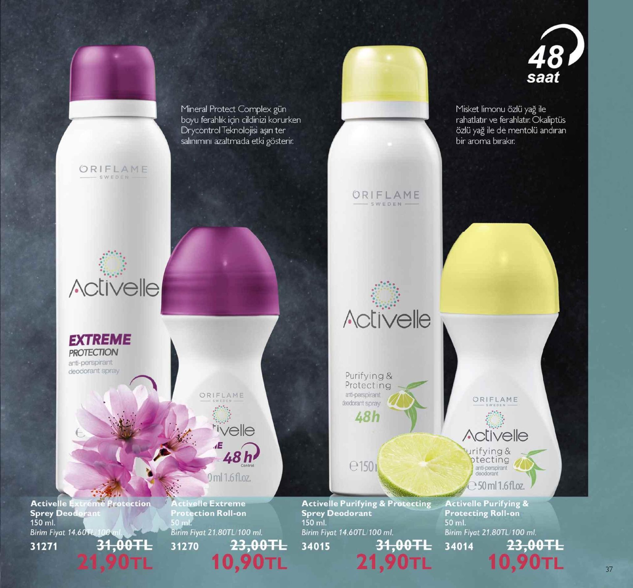 48 saat mineral protect complex gün boyu ferahlik için cildinizi korurken drycontrol teknolojisi aşırn ten salınımıni azałtmada etki gösterir misket limonu özü yağ ile rahatlatır ve ferahlatır. okaliptüs özlü yağ ile de mentolü andiran bir aroma bırakr. oriflame swe oriflame sweden activelle activelle extreme protection deodorant spray purifying & protecting anti-perspirant deodorant spray oriflame oriflame 48h ivelle 48 h 0ml 1.6.oz. activelle rifying & tecting me e150 control 50ml 1.6f.oz. lle extreme protection activelle extreme activelle purifying & protecting activelle purifying & sprey deodorant 150 ml. birim fiyat 14.60tl/100 ml sprey deodorant protection roll-on 50 ml birim fiyat 21.80tl/100 ml protecting roll-on 150 ml. birim fiyat 14.6 31271 31,0074 31270 23,00干し34015 10 birim fiyat 21.80tl/100 ml. 10,90tl 21,90tl 34,00fl 34014 23,00 fl 10,90tl 21,90tl 37 