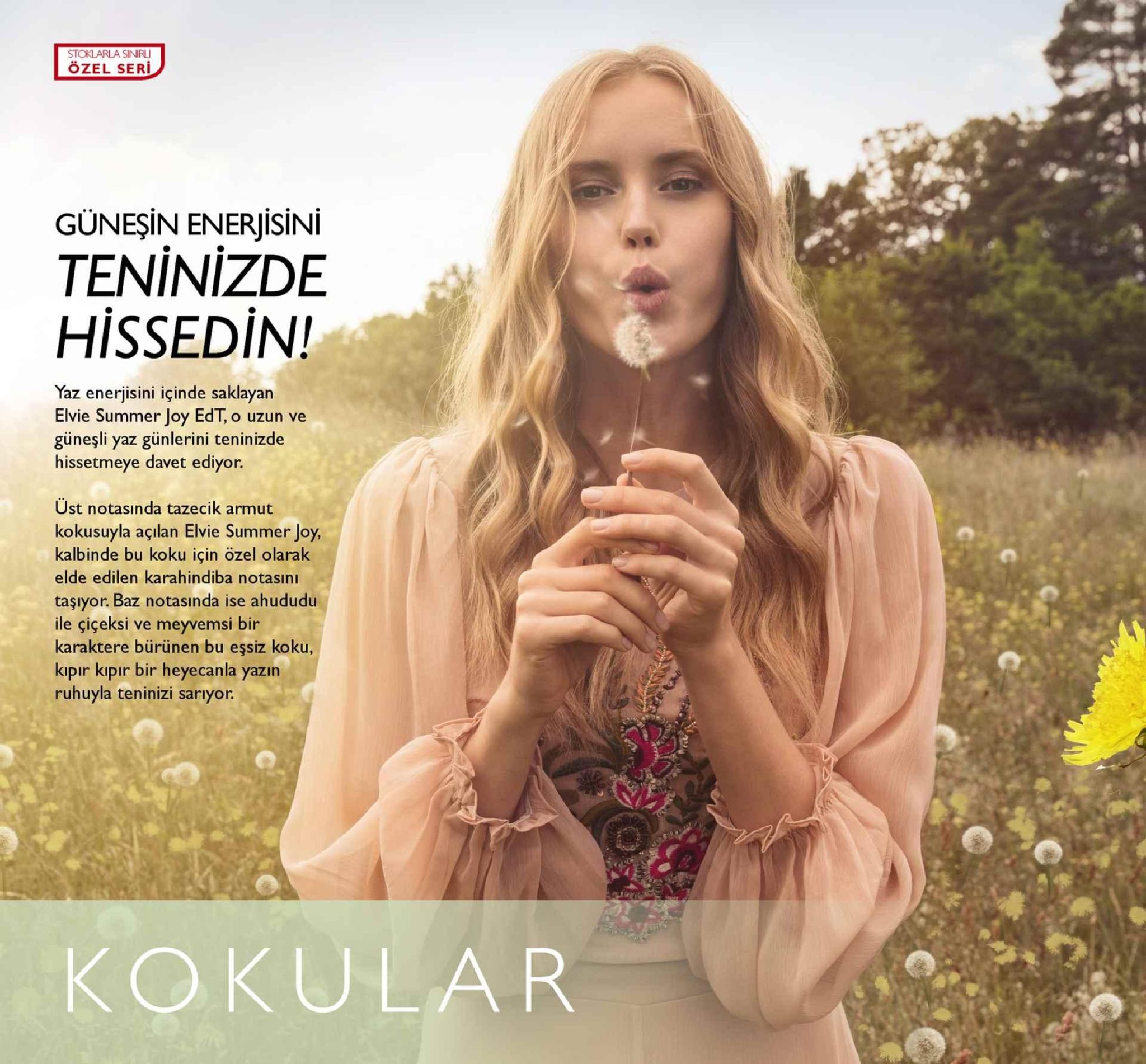 stoklarla sinir özel seri güneşin enerjisini teninizde hissedin! yaz enerjisini içinde saklayan elvie summer joy edt, o uzun ve güneşli yaz günlerini teninizde hissetmeye davet ediyor. ust notasında tazecik armut kokusuyla açılan elvie summer joy kalbinde bu koku için özel olarak elde edilen karahindiba notasın taşıyor. baz notasında ise ahududu ile çiçeksi ve meyvemsi bir karaktere bürünen bu eşsiz koku kıpır kıpır bir heyecanla yazın ruhuyla eeminizi sariyor kokular 