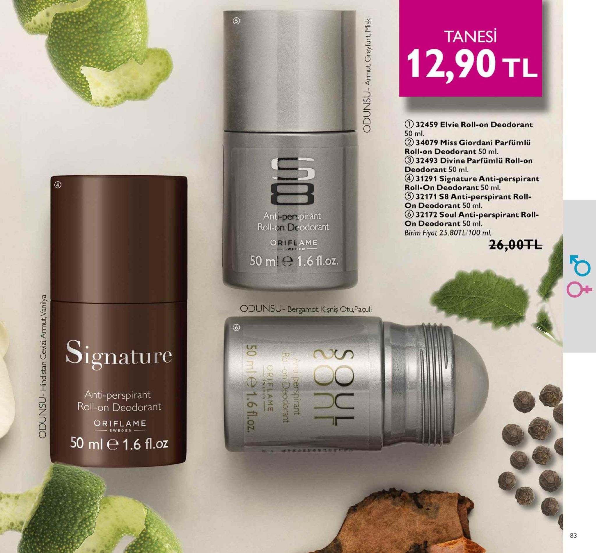 tanes 12,90 tl 1 32459 elvie roll-on deodorant 50 ml 2 34079 miss giordani parfümlü roll-on deodorant 50 ml. 3 32493 divine parfümlü roll-on deodorant 50 ml ④ 31291 signature anti-perspirant roll-on deodorant 50 ml 32171 s8 anti-perspirant roll on deodorant 50 ml anti-perspirant roll-on deodorant ⑥ 32172 soul anti-perspirant roll- on deodorant 50 ml birim fiyat 25.80tl/100 ml. orifl ame swe 50 m 1.6 fl.oz. odunsu- bergamot, kişniş otu,paçuli ignature anti-perspirant roll-on deodorant oriflame sweden 50 ml e 1.6 fl.oz 83 