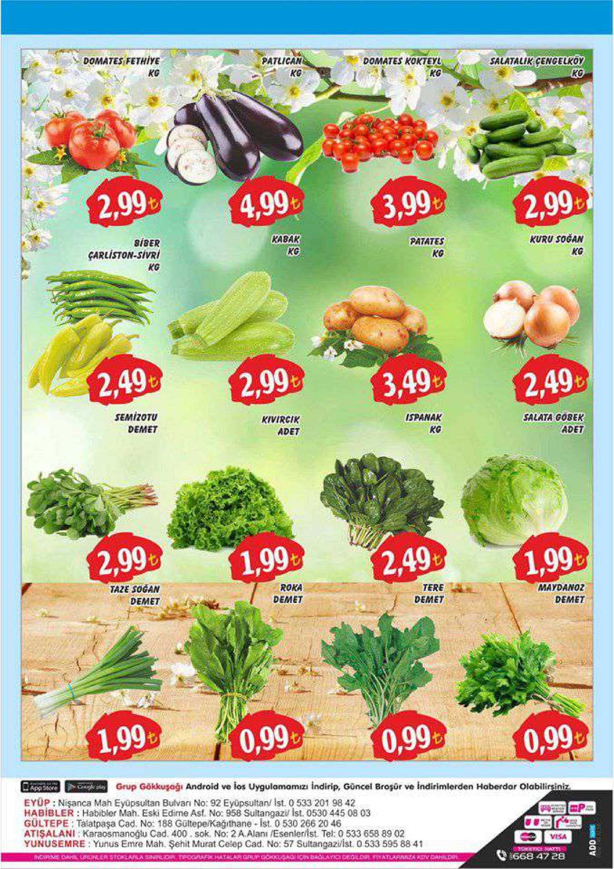 domates :fethiye domates kokteyl kg patlican salatalik gencelko kg kg kg 2,99 4,99 2,99 3,99 kabak kuru sogan patates siber çarliston-sivri kg kg kg 2,99 2.49 2,49 3,49 semizotu ispanak salata gobek kivircik kg adet demet adet 1,99 2,99 1,99 2,49 tere demet roka maydano02 demet taze sogan demet demet 0,99 0,99 0,99 1,99 grup gökkuşaği android ve los uygulamamizi indirip, güncel broşür ve indirimlerden haberdar olabili eyup: nişanca mah eyüpsultan bulvarı no: 92 eyupsultan/ ist. 0 533 201 98 42 habibler : habibler mah. eski edirne asf. no: 958 sultangazisl 0530 445 08 03 gültepe talatpaşa cad. no: 188 gültepe kağithane - st. 0530 266 2046 atisalani: karaosmanoğlu cad. 400. sok. no: 2 a.alani /esenlerlst. tel: 0 533 658 89 02 yunusemre: yunus emre mah. şehit murat celep cad. no: 57 sultangazst. 0.533 595 88 41 visa 668 4728 