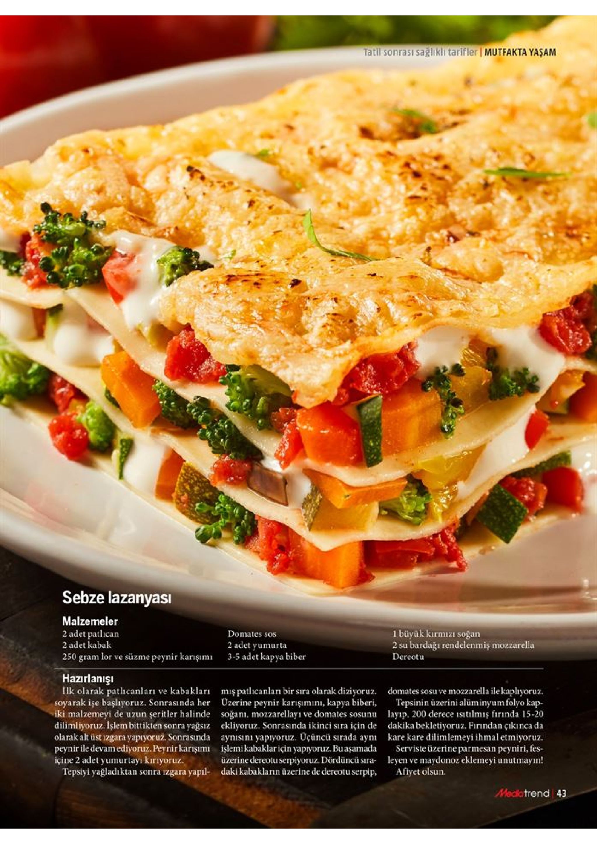 tatil sonrasi saglıkli tarifler mutfakta yaşam sebze lazanyasi malzemeler 2 adet patlican 1 büyük kırmızı soğan 2 su bardağı rendelenmiş mozzarella domates sos 2 adet yumurta 3-5 adet kapya biber 2 adet kabak 250 gram lor ve süzme peynir karışım dereotu hazirlanışi lk olarak patlıcanları ve kabakları soyarak işe başlıyoruz. sonrasında her iki malzemeyi de uzun şeritler halinde dilimliyoruz. işlem bittikten sonra yağsız olarakalt üst izgara yapıyoruż. sonrasında peynir ile devam ediyoruz. peynirkarışımi içine 2 adet yumurtayı kırıyoruz. tepsiyi yağladıktan domates sosu ve mozzarella ile kaplıyoruz tepsinin üzerini alüminyum folyo kap- layip, 200 derece isitlmiş firnda 15-20 dakika bekletiyoruz. firindan çikınca da kare kare dilimlemeyi ihmal etmiyoruz. serviste üzerine parmesan peyniri, fes leyen ve maydonoz eklemeyi unutmayın! afiyet olsun. miş patlhcanları bir sara olarak diziyoruz. üzerine peynir karışımını, kapya biberi, soğani, mozzarellayı ve domates sosunu ekliyoruz. sonrasında ikinci sıra için de aynısini yapryoruz. uçüncü sırada aynı işlemi kabaklar için yapryoruz. bu aşamada üzerine dereotu serpiyoruz. dördüncü sara daki kabakların üzerine de dereotu serpip, sonra izgara yapıl medkatrend 43 