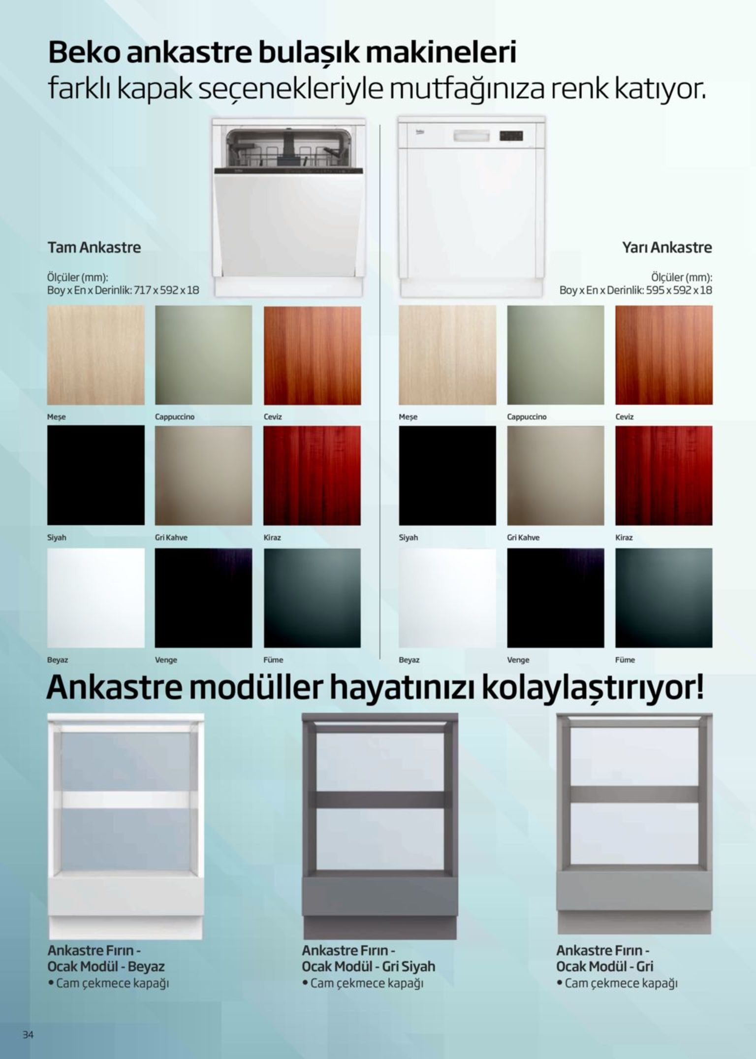 beko ankastre bulaşık makineleri farklı kapak seçenekleriyle mutfağınıza renk katıyor. tam ankastre yarı ankastre ölçüler (mm): boy x enx derinlik: 717x 592 x18 ölçüler (mm): boy x en x derinlik: 595 x 592 x18 meşe cappuccino ceviz cappuccino ceviz meşe siyah siyah gri kahve gri kahve kiraz kiraz füme füme beyaz venge beyaz venge ankastre modüller hayatınızı kolaylaştırıyor! ankastre fırın - ocak modül - beyaz • cam çekmece kapağı ankastre fırın - ocak modül - gri ankastre fırın - ocak modül - gri siyah • cam çekmece kapağı • cam çekmece kapağı 34 