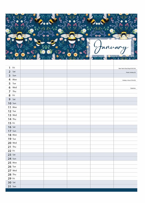 2027 Family Organiser Calendar 5 Column Memo Pad & Shopping List - Bees Flowers 2027 Family Organiser Calendar 5 Column Memo Pad & Shopping List - Bees Flowers