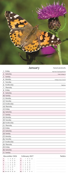 2027 Slim Month To View Spiral Bound Photo Wall Calendar - Flowers & Butterflies 2027 Slim Month To View Spiral Bound Photo Wall Calendar - Flowers & Butterflies
