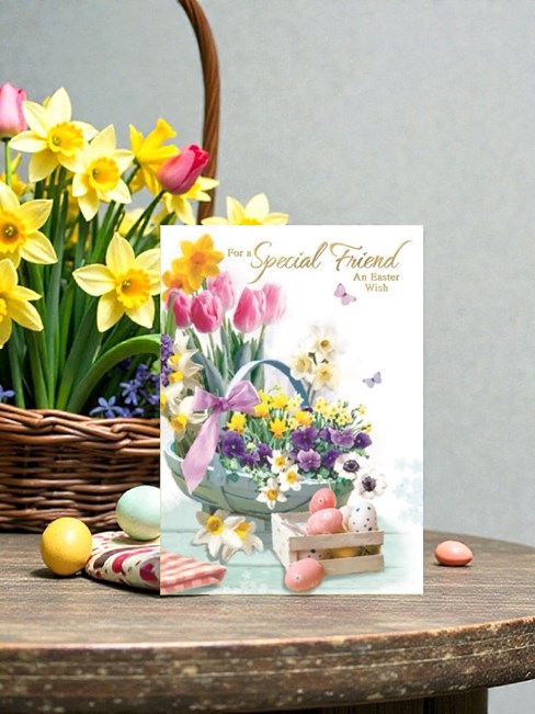 Friend Easter Card - Spring Flowers in Basket Decorated Eggs Gold Foil 7.5x5.25" Friend Easter Card - Spring Flowers in Basket Decorated Eggs Gold Foil 7.5x5.25"