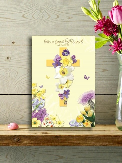 Special Friend Easter Card - Yellow Cross Flowers Butterflies Gold Foil 7.5x5.2" Special Friend Easter Card - Yellow Cross Flowers Butterflies Gold Foil 7.5x5.2"