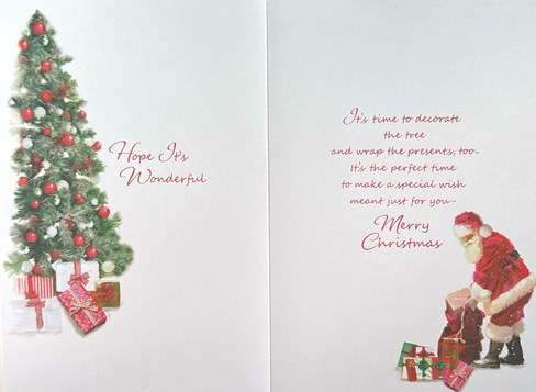 Open Christmas Card - Santa, Gifts & Christmas Tree with Foil 7.5x5.25" Open Christmas Card - Santa, Gifts & Christmas Tree with Foil 7.5x5.25"