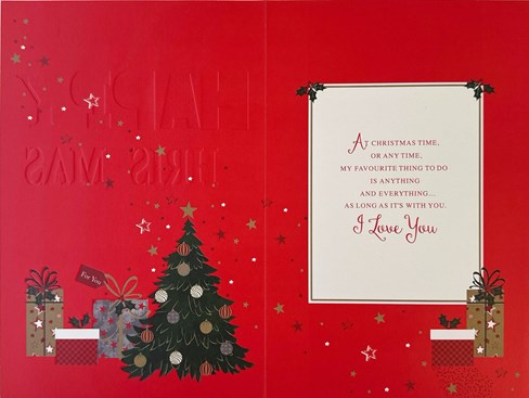Husband Christmas Card - Red with Tree & Gifts with Gold Foil 9x6" Husband Christmas Card - Red with Tree & Gifts with Gold Foil 9x6"