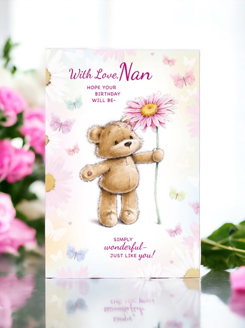 Nan Birthday Card - Bear with Giant Flower Butterflies and Glitter 7.75x5.25" Nan Birthday Card - Bear with Giant Flower Butterflies and Glitter 7.75x5.25"