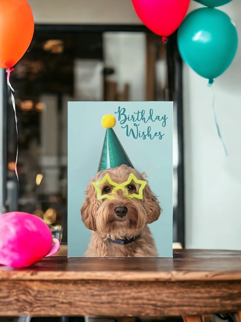 Open Birthday Card - Cute Puppy with Party Hat and Glasses 7.75" x 5.25" Open Birthday Card - Cute Puppy with Party Hat and Glasses 7.75" x 5.25"