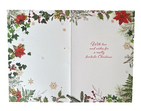 Sister Christmas Card - Heart with Holly Poinsettia's and Gold Foil 7.5x5.25" Sister Christmas Card - Heart with Holly Poinsettia's and Gold Foil 7.5x5.25"