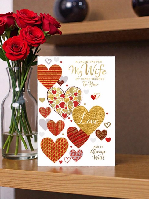 Wife Valentine's Day Card - Red and Gold Foil Hearts 9.75x7" Wife Valentine's Day Card - Red and Gold Foil Hearts 9.75x7"