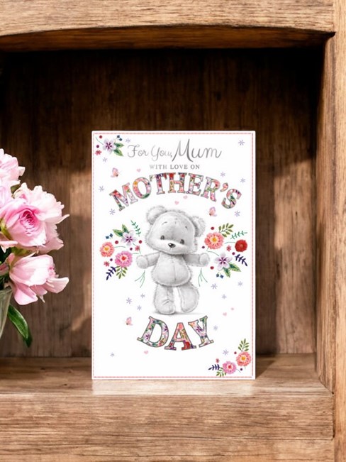 Mum Mother's Day Card - Grey Bear with Flowers and Silver Foil Border 9x6" Mum Mother's Day Card - Grey Bear with Flowers and Silver Foil Border 9x6"