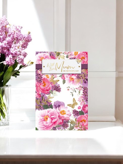 Mum Mother's Day Card - Pink and Lilac Flowers with Gold Foil Butterflies 9x6" Mum Mother's Day Card - Pink and Lilac Flowers with Gold Foil Butterflies 9x6"