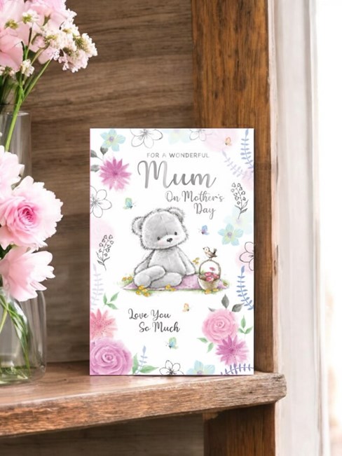 Mum Mother's Day Card - Bear with Flowers Bird Butterflies and Silver Foil 9x6" Mum Mother's Day Card - Bear with Flowers Bird Butterflies and Silver Foil 9x6"