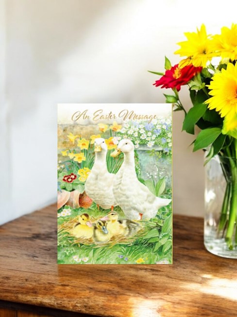 Happy Easter Card - Ducks and Ducklings with Flowers in Garden Gold Foil 7x5" Happy Easter Card - Ducks and Ducklings with Flowers in Garden Gold Foil 7x5"