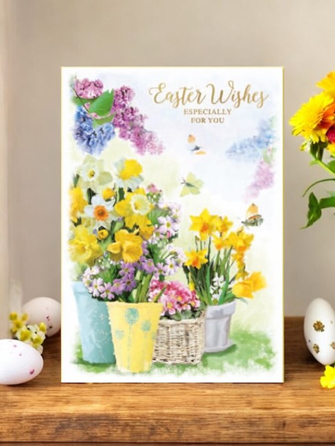 Happy Easter Card - Spring Flower Plant Pots & Butterflies Gold Foil 7.5x5.25" Happy Easter Card - Spring Flower Plant Pots & Butterflies Gold Foil 7.5x5.25"