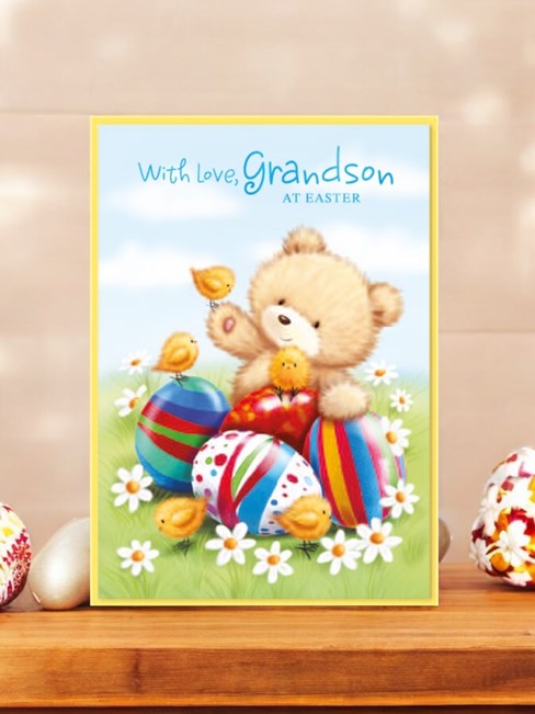 Grandson Easter Card - Bear with Colourful Eggs Chicks Daisies & Blue Foil 7x5" Grandson Easter Card - Bear with Colourful Eggs Chicks Daisies & Blue Foil 7x5"