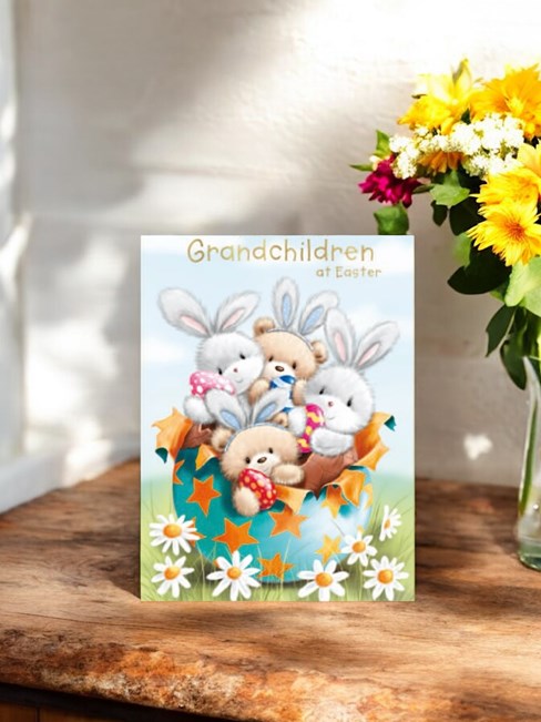 Grandchildren Easter Card - Bunny's in Egg with Daisies and Gold Foil 7.5x5.25" Grandchildren Easter Card - Bunny's in Egg with Daisies and Gold Foil 7.5x5.25"