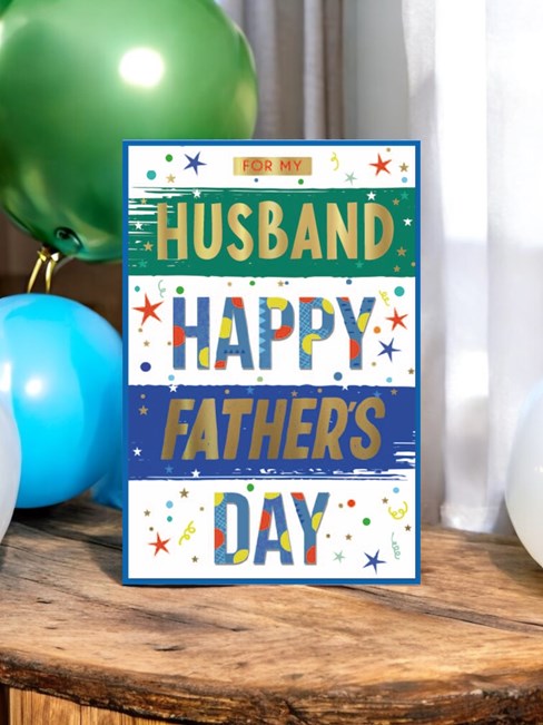 Husband Father's Day Card - Green Blue Stripes with Stars Spots & Gold Foil 9x6" Husband Father's Day Card - Green Blue Stripes with Stars Spots & Gold Foil 9x6"