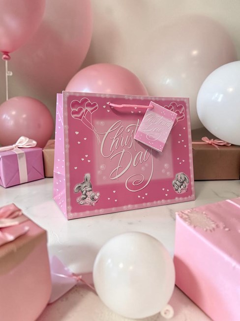 Medium Christening Girl Gift Bag - Landscape Pink Background & Grey Rabbits 9x7" Medium Christening Girl Gift Bag - Landscape Pink Background & Grey Rabbits 9x7"