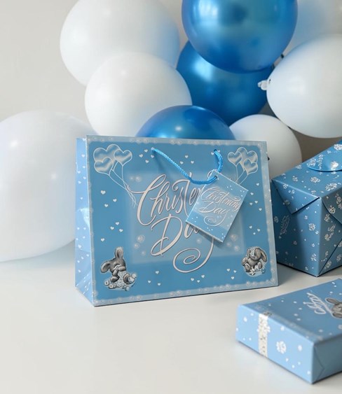 Medium Christening Boy Gift Bag - Landscape Blue Background and Grey Rabbits 9x7 Medium Christening Boy Gift Bag - Landscape Blue Background and Grey Rabbits 9x7