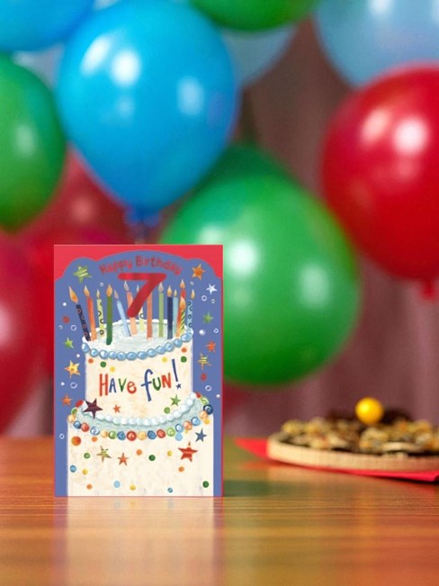Age 7 Boy Birthday Card - Blue with Birthday Cake and Candles Red Foil 7.75x5.25 Age 7 Boy Birthday Card - Blue with Birthday Cake and Candles Red Foil 7.75x5.25