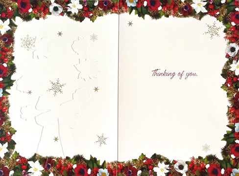 Thinking of You Christmas Card - Red with Floral Wreath with Gold Foil 7.75x5.25 Thinking of You Christmas Card - Red with Floral Wreath with Gold Foil 7.75x5.25