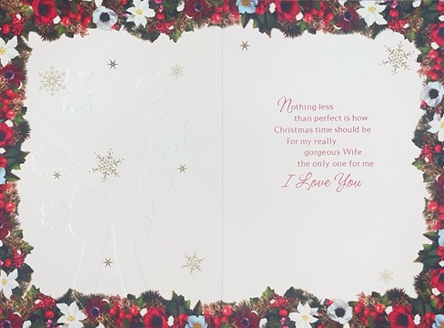Wife Christmas Card - Red with Floral Wreath and Gold Foil 7.75" x 5.25" Wife Christmas Card - Red with Floral Wreath and Gold Foil 7.75" x 5.25"