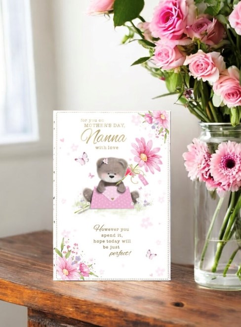 Nanna Mother's Day Card - Bear with Giant Pink Flower and Gold Foil 7.5x5.25" Nanna Mother's Day Card - Bear with Giant Pink Flower and Gold Foil 7.5x5.25"