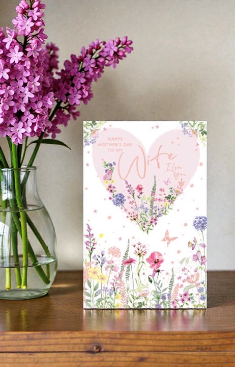 Wife Mother's Day Card - Pink Heart Wild Flowers Butterflies Rose Gold Foil 9x6" Wife Mother's Day Card - Pink Heart Wild Flowers Butterflies Rose Gold Foil 9x6"