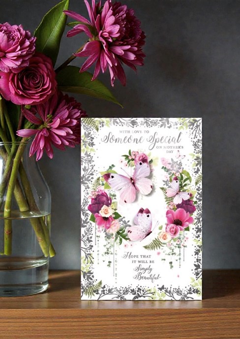 Someone Special Mother's Day Card - Pink Flowers Butterflies and Silver Foil 9x6 Someone Special Mother's Day Card - Pink Flowers Butterflies and Silver Foil 9x6
