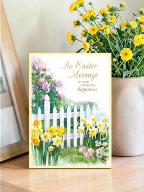 Easter Card - Picket Fence Spring Daffodils Daisies Decorated Eggs Gold Foil 7x5 Easter Card - Picket Fence Spring Daffodils Daisies Decorated Eggs Gold Foil 7x5