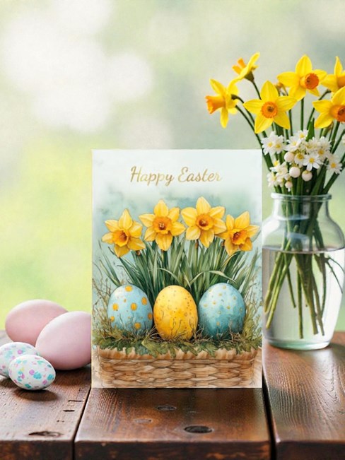 Happy Easter Card - Daffodil Flowers and Painted Eggs with Gold Foil 7x5" Happy Easter Card - Daffodil Flowers and Painted Eggs with Gold Foil 7x5"