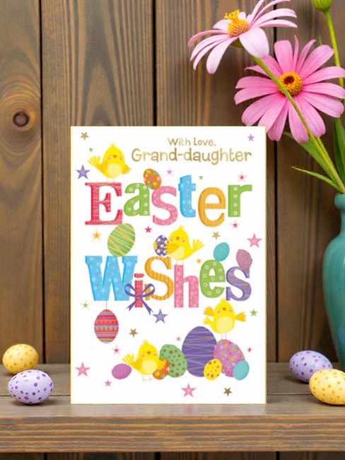 Granddaughter Easter Card - Chicks Coloured Letters & Eggs with Gold Foil 7.7x5" Granddaughter Easter Card - Chicks Coloured Letters & Eggs with Gold Foil 7.7x5"