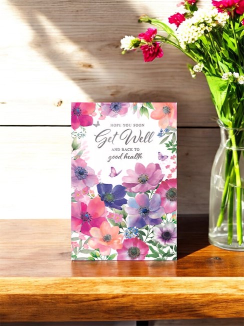 Get Well Soon Greetings Card - Butterflies Flowers with Silver Foil 7.75x5.25" Get Well Soon Greetings Card - Butterflies Flowers with Silver Foil 7.75x5.25"